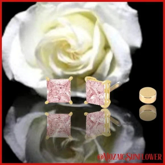 Gold & Stainless Steel AAAA+ 7cm Pink Princess Cut Screw Post Earrings - Picture 4 of 6